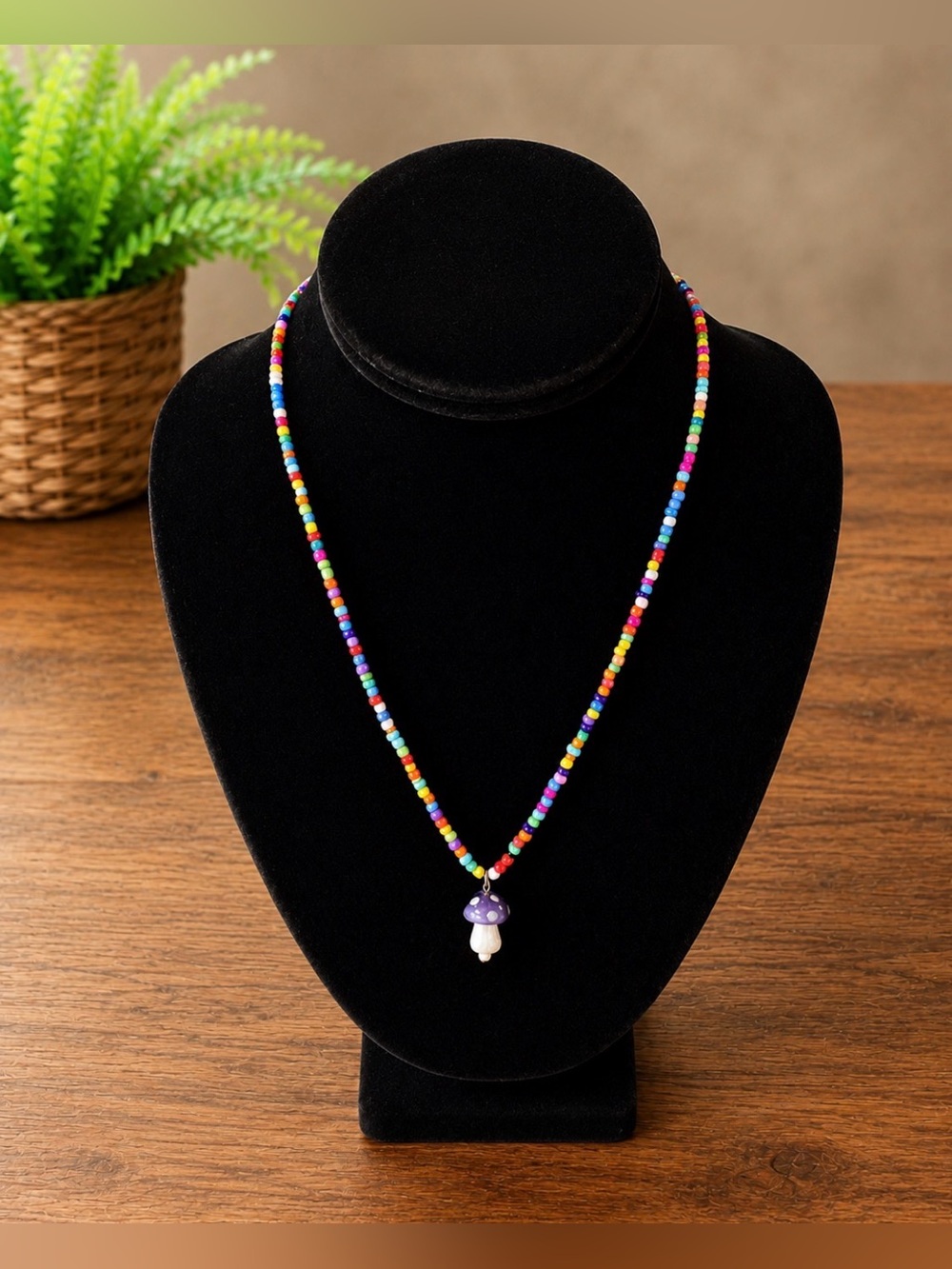 Colorful Glass Bead Mushroom Necklace 🍄🌈